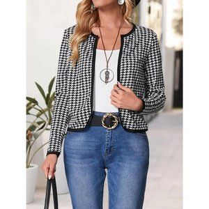 Houndstooth Print Cropped Jacket Open Front Blazer Black and White